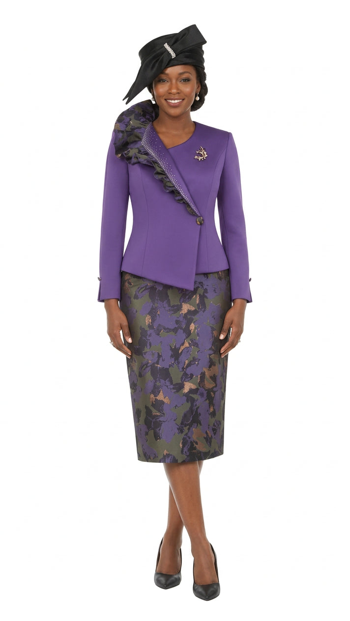 A woman modeling a purple two-piece outfit consisting of a long-sleeve ruffle-trimmed jacket and a matching patterned skirt, styled with a black fascinator hat and black heels against a white background.