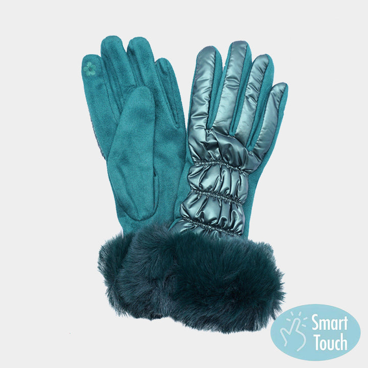 Faux Fur Cuff Puffer Smart Touch Gloves