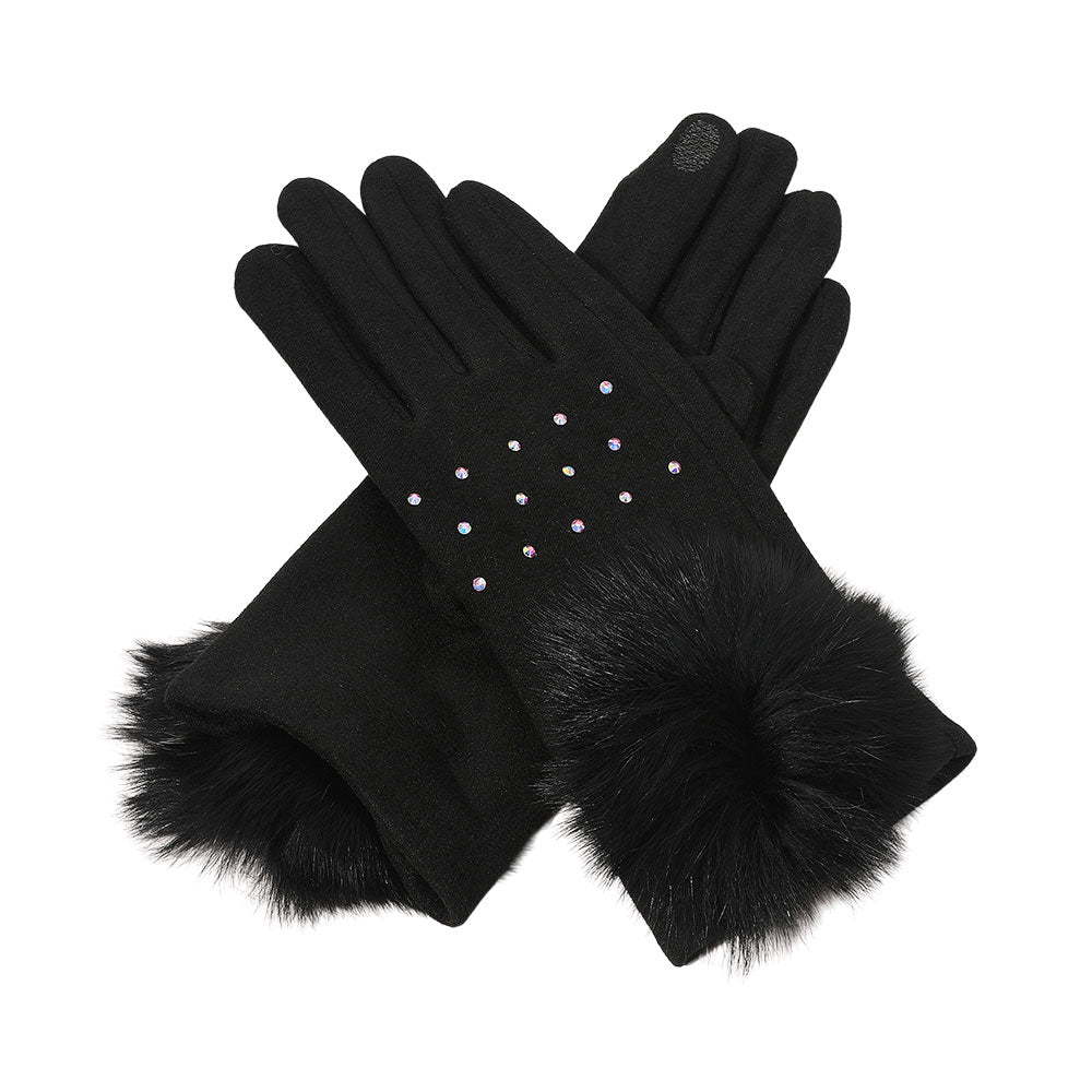 Faux Fur Cuff Pom Rhinestone Embellished Smart Touch Winter Gloves GL0233