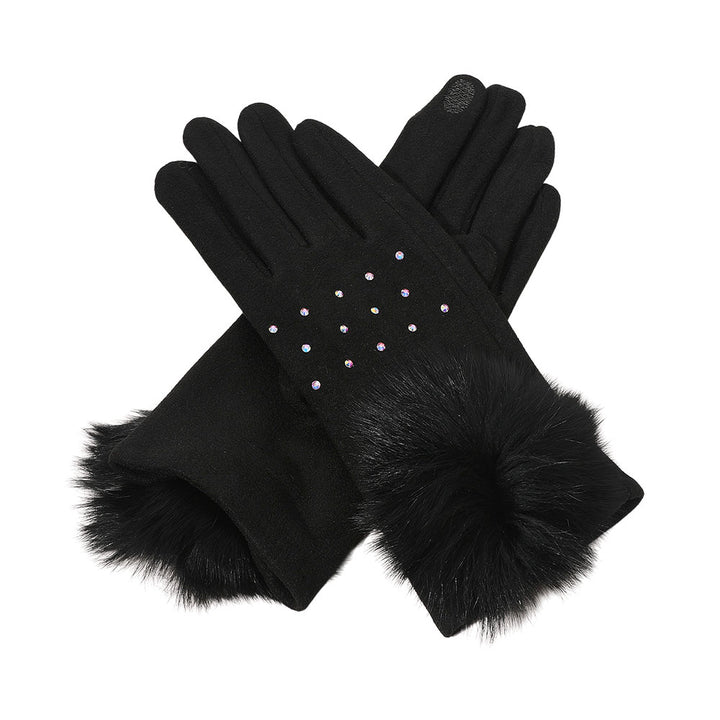 Faux Fur Cuff Pom Rhinestone Embellished Smart Touch Winter Gloves GL0233