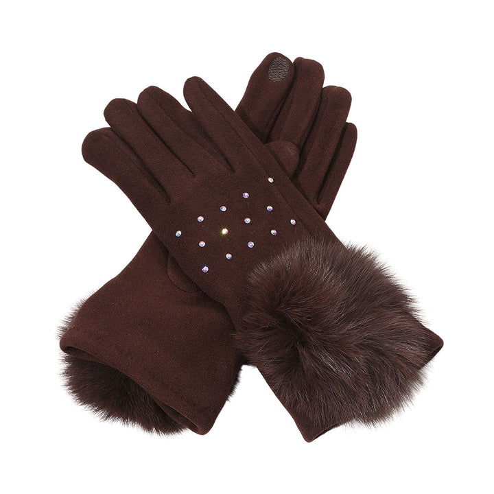 Faux Fur Cuff Pom Rhinestone Embellished Smart Touch Winter Gloves GL0233