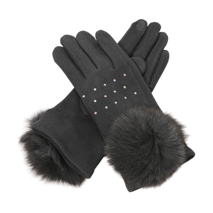 Faux Fur Cuff Pom Rhinestone Embellished Smart Touch Winter Gloves GL0233