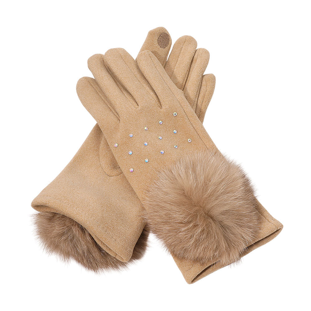 Faux Fur Cuff Pom Rhinestone Embellished Smart Touch Winter Gloves GL0233
