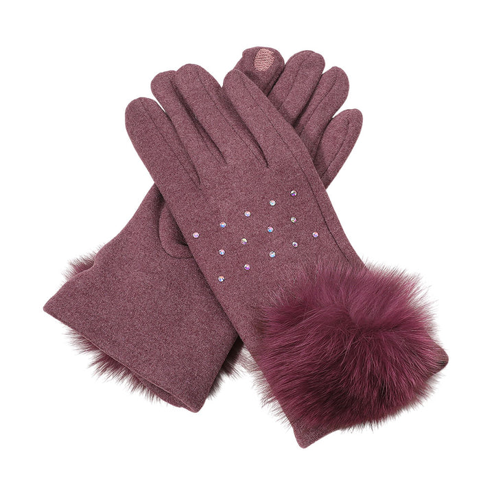 Faux Fur Cuff Pom Rhinestone Embellished Smart Touch Winter Gloves GL0233