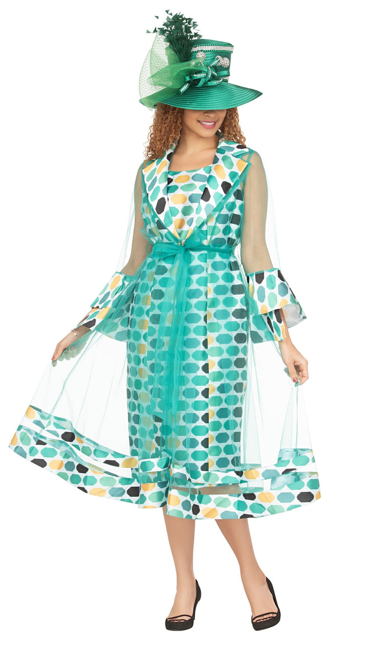 Dot Print 2pc Bell Sleeve Sheer Jkt Dress Set-Plus
