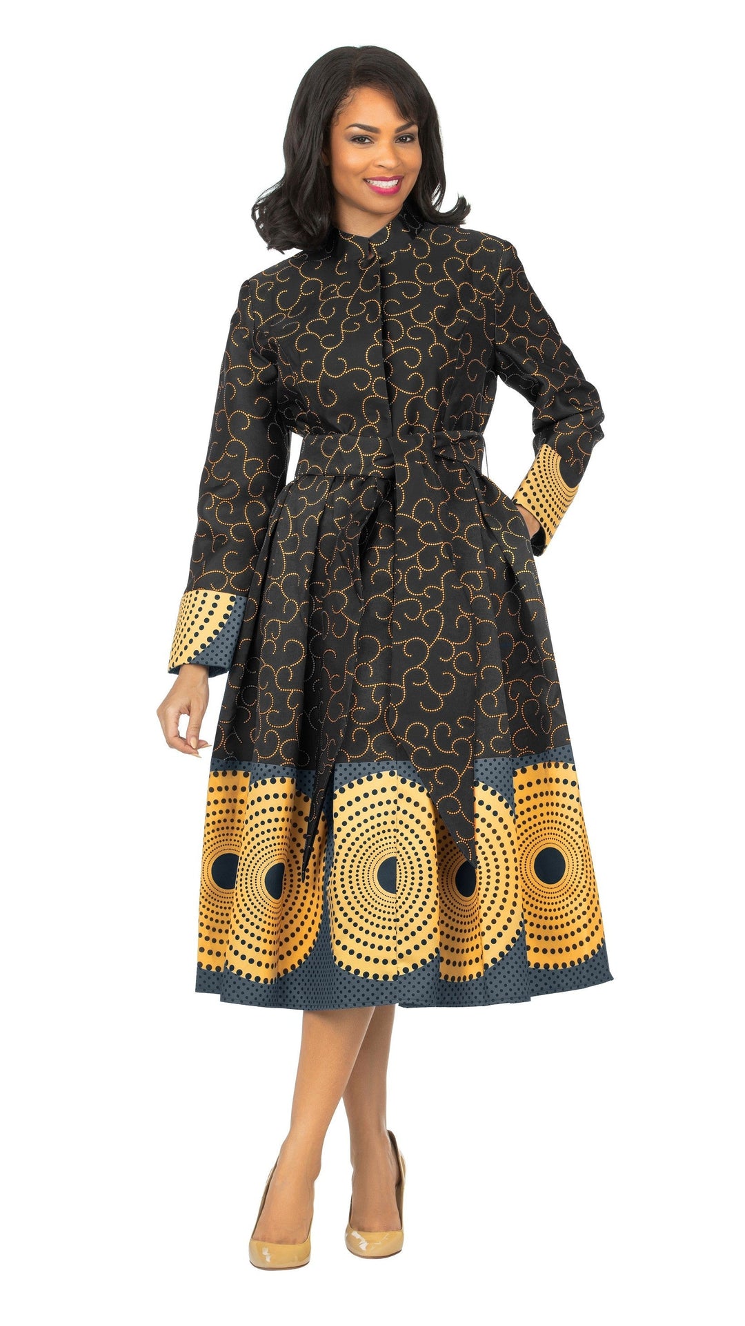1pc Stand Collar A-line Print Dress w/ Belt-Plus