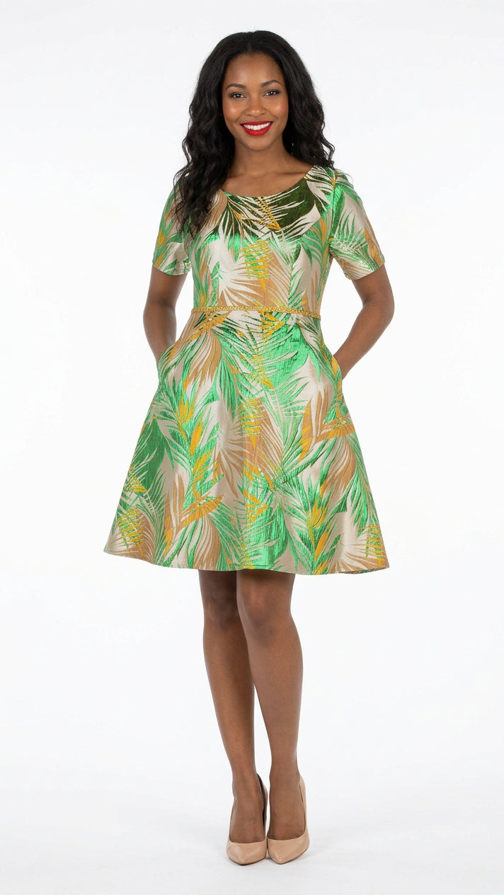 Short Slv Brocade A-line Dress