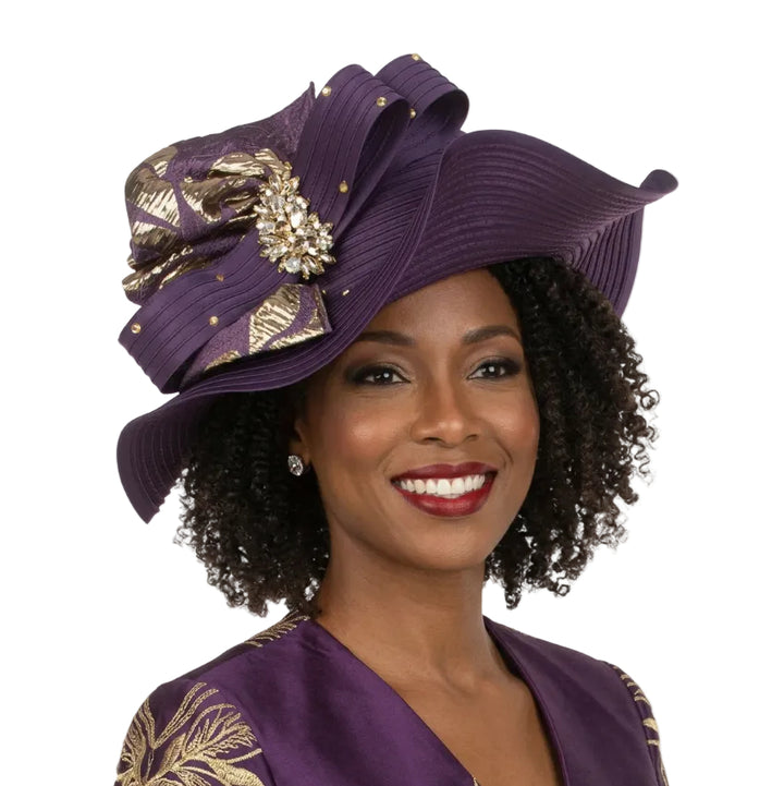 Sculpted Wavy Brim Hat with Gold Jeweled Brooch