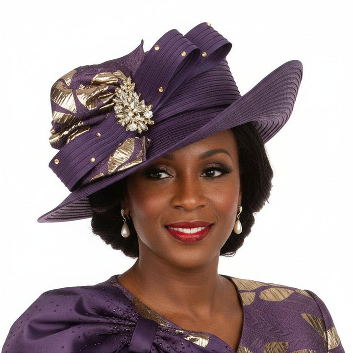 Sculpted Wavy Brim Hat with Gold Jeweled Brooch - Especially Yours