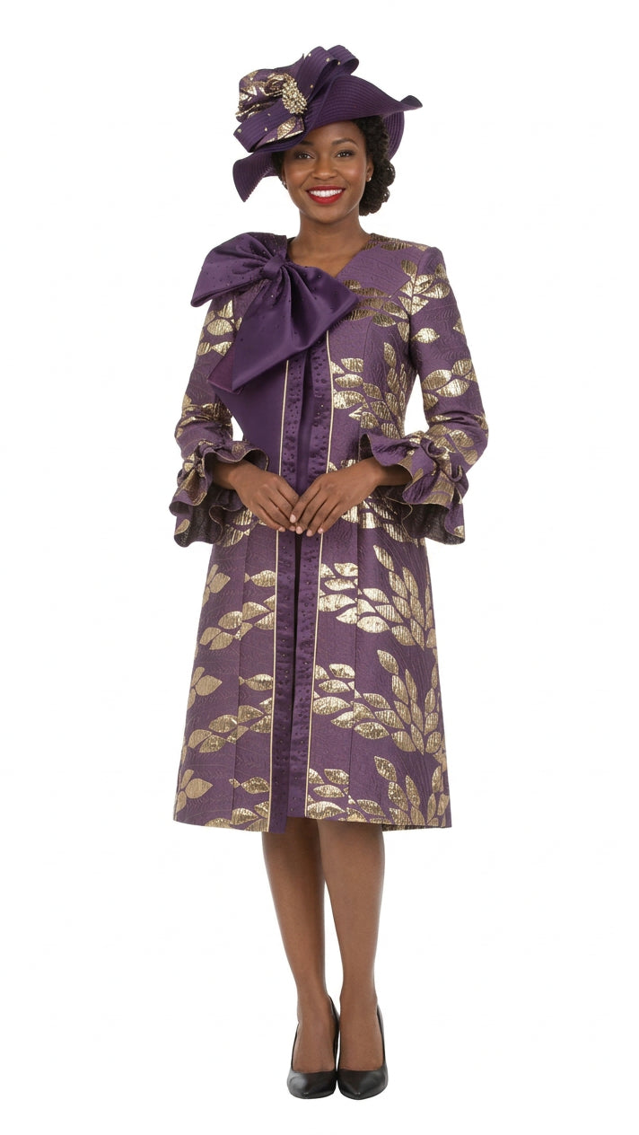 2pc Floral Brocade Coat+Satin-look Dress Set-Plus