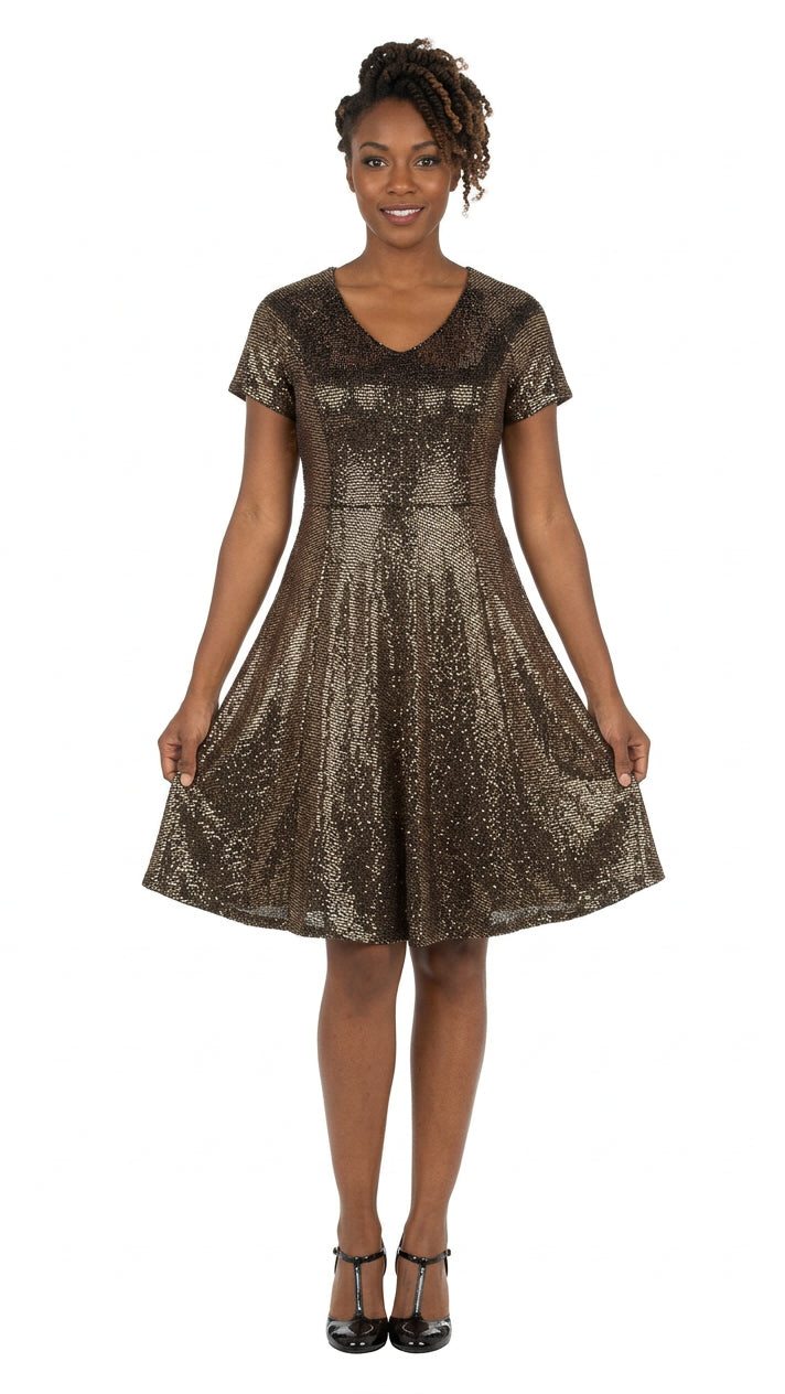 Short Sleeve V-neck Sequins Fit-and-Flare Dress