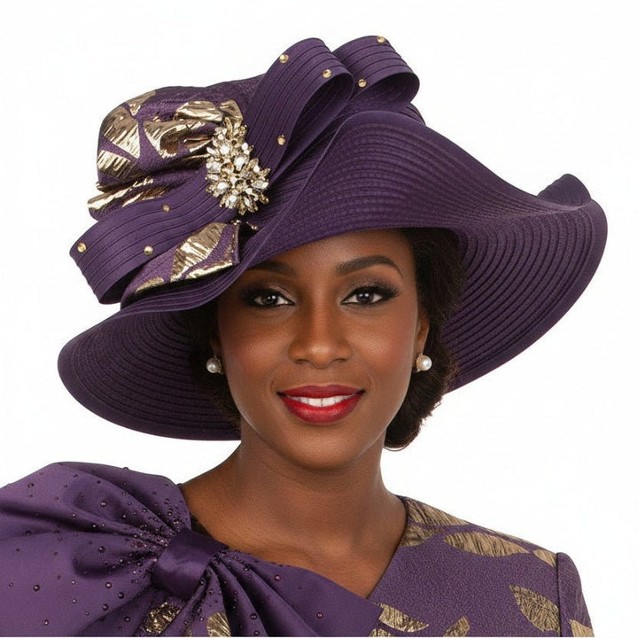 Sculpted Wavy Brim Hat with Gold Jeweled Brooch - Especially Yours