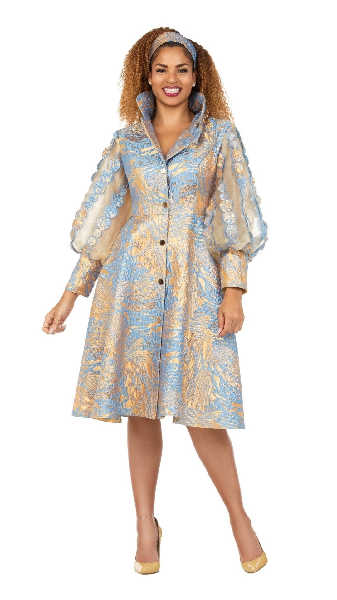 Metallic Brocade Organza Sleeve Belted Coat-Plus - Especially Yours