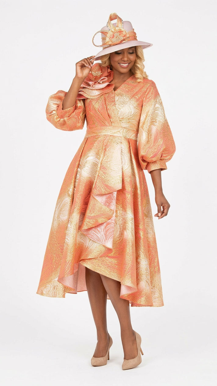 Metallic Brocade Dress with Cascade Ruffle-Plus