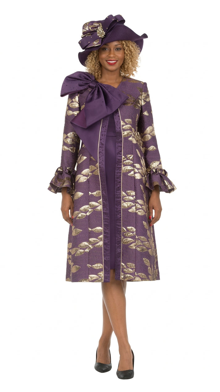 2pc Floral Brocade Coat+Satin-look Dress Set-Plus
