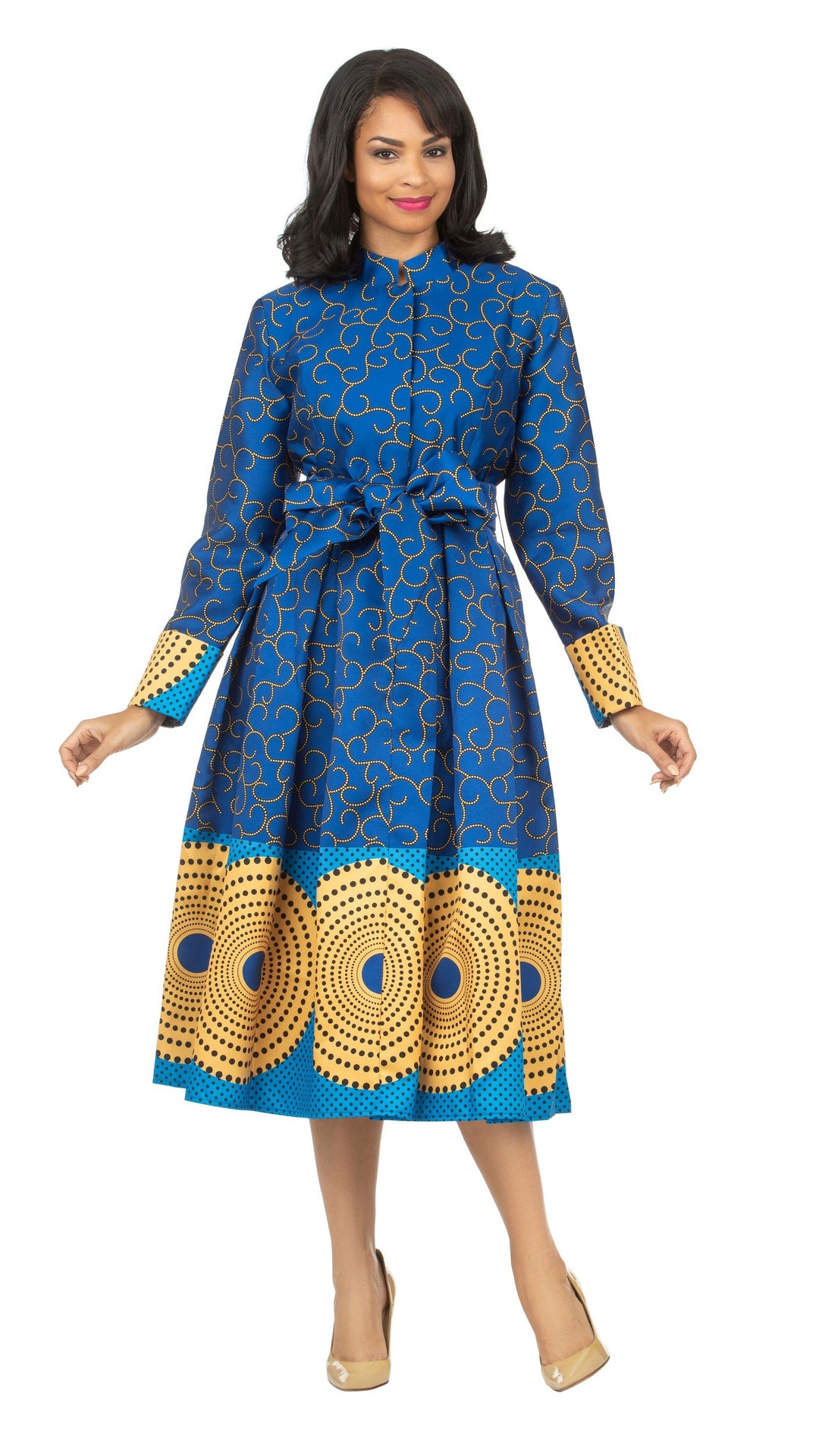 1pc Stand Collar A-line Print Dress w/ Belt-Plus