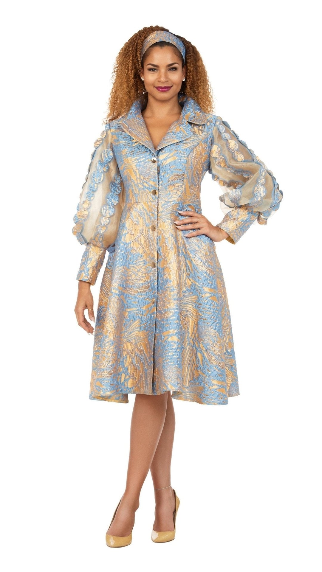 Metallic Brocade Organza Sleeve Belted Coat-Plus - Especially Yours