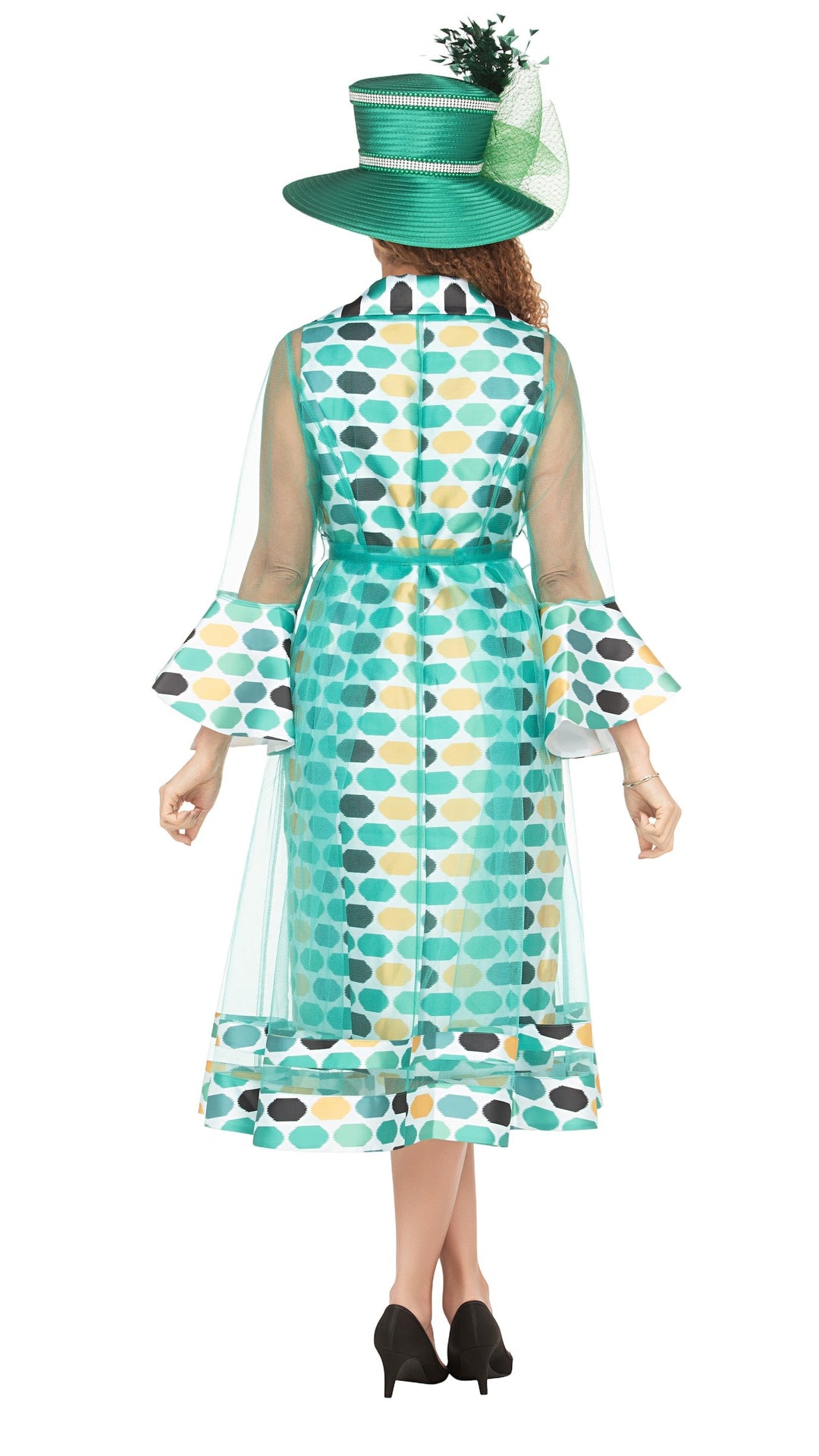 Dot Print 2pc Bell Sleeve Sheer Jkt Dress Set-Plus