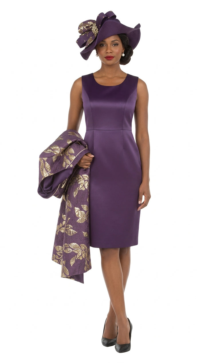 2pc Floral Brocade Coat+Satin-look Dress Set-Plus
