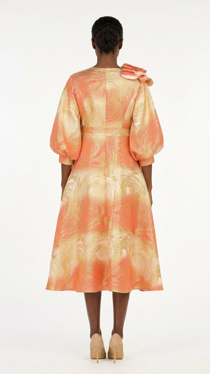 Metallic Brocade Dress with Cascade Ruffle-Plus