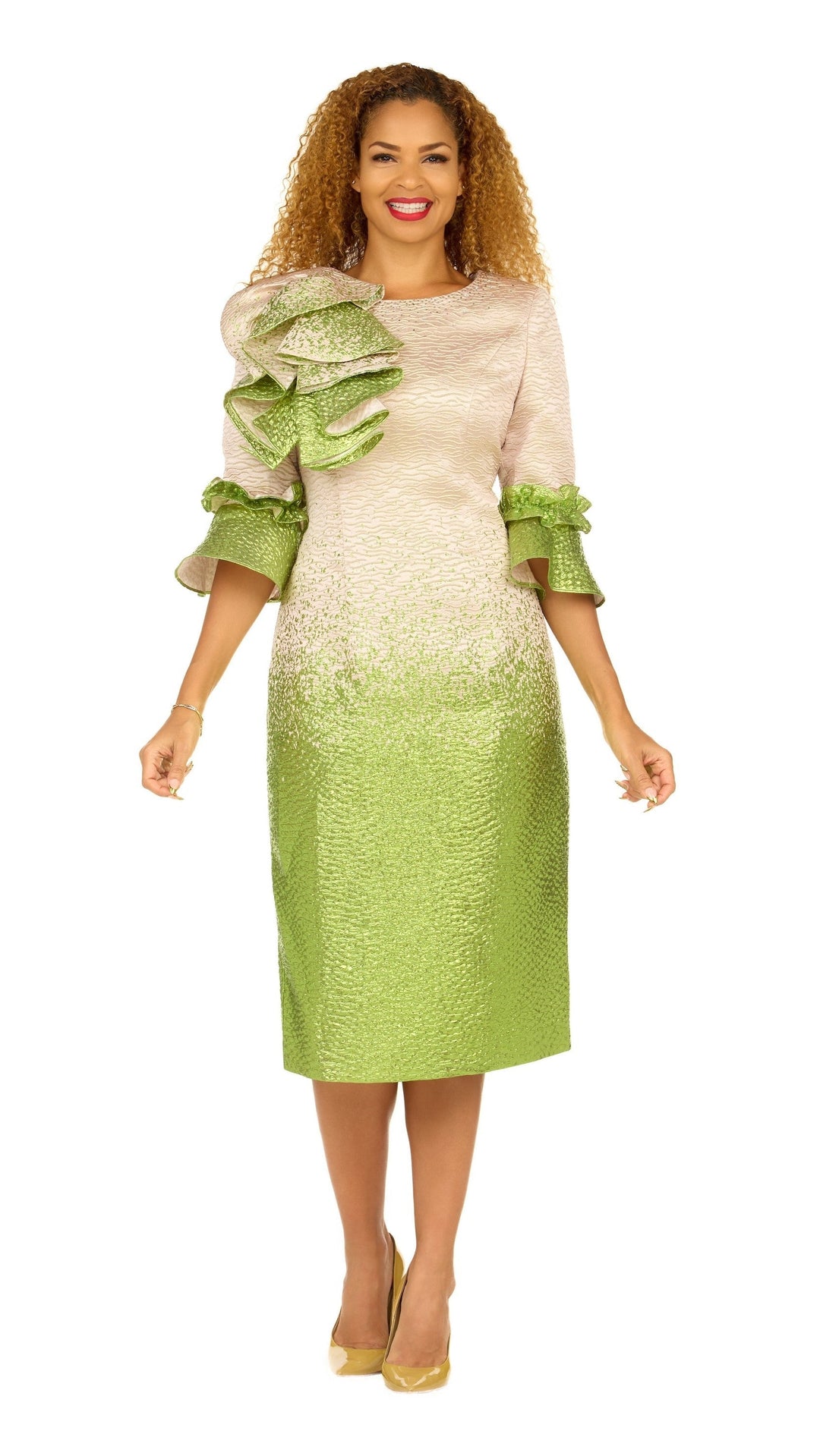 Metallic Brocade Ruffle-Shoulder Sheath Dress