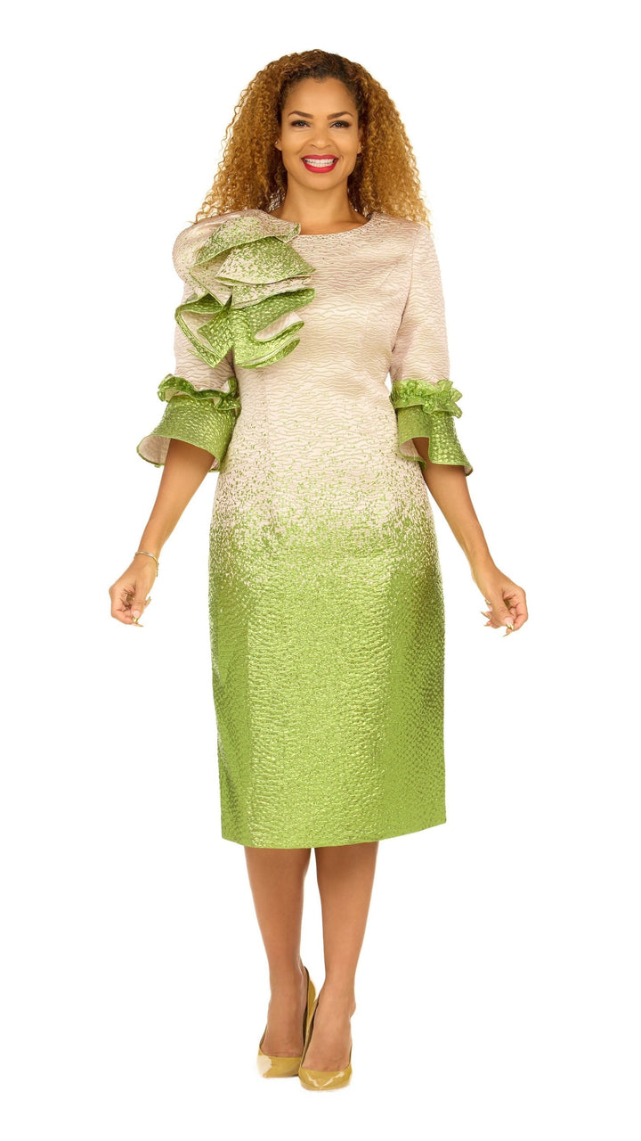 Metallic Brocade Ruffle-Shoulder Sheath Dress