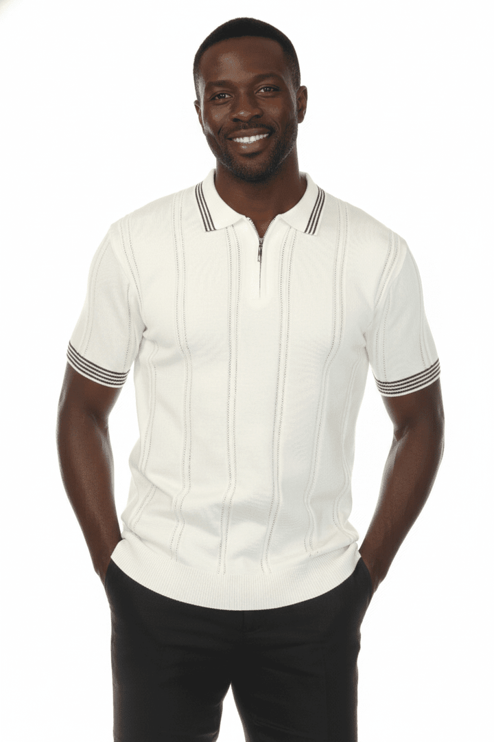 Men's Stylish Premium Knit Textured Polo Shirt with Stripe Accents - Especially Yours