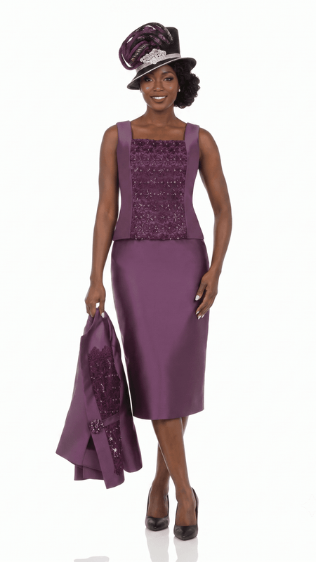 Embellished Lace & Silky Twill 3pc Skirt Suit-Plus