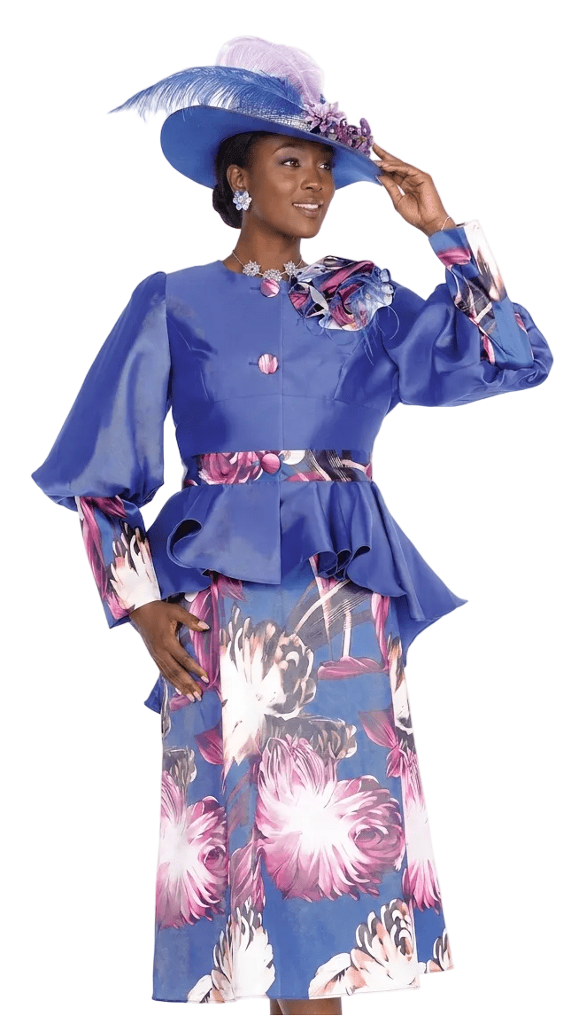 Chic Floral Print Skirt Suit with Peplum Jacket, Royal Accents, & Brooch - Especially Yours