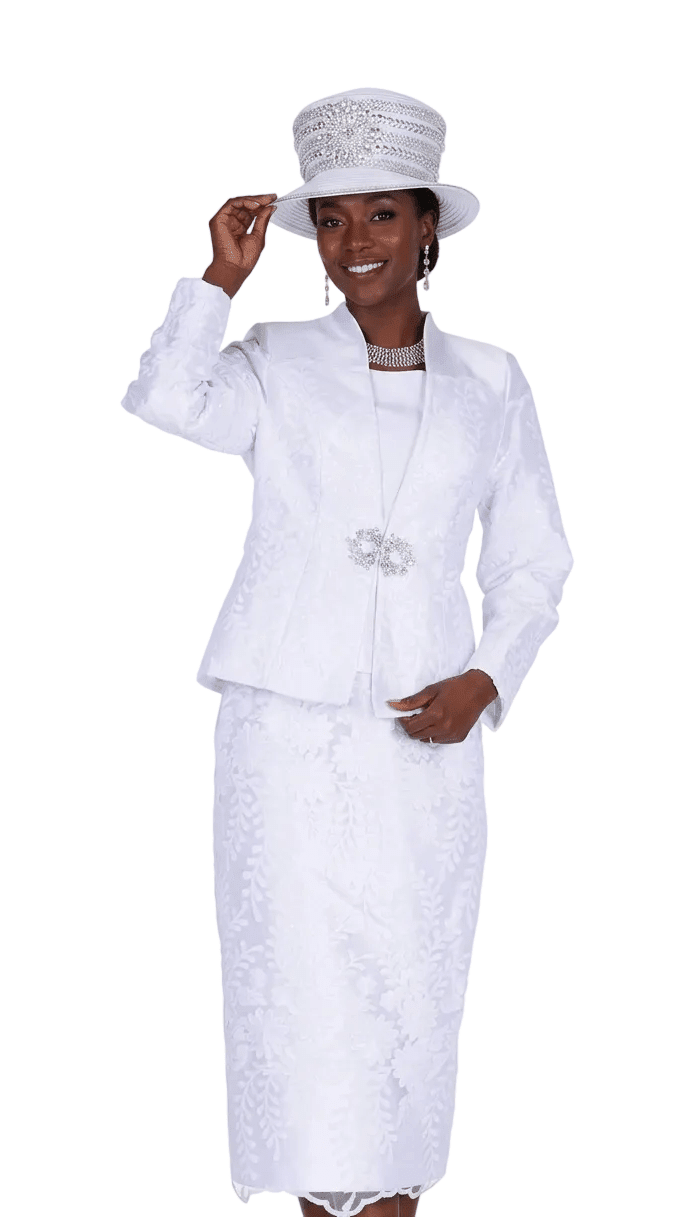 White Floral Jacquard Church Suit with Rhinestone Brooch - Champagne Italy - Especially Yours