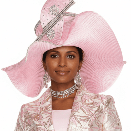 Champagne Italy Dusty Blue Wide Brim Church Hat with Rhinestone Floral Accents H6268 - Especially Yours