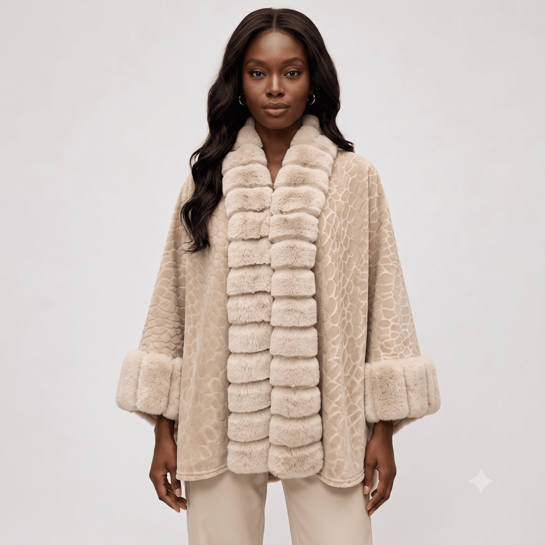 Textured Faux Fur Trimmed Cape Shawl S0508 - Especially Yours