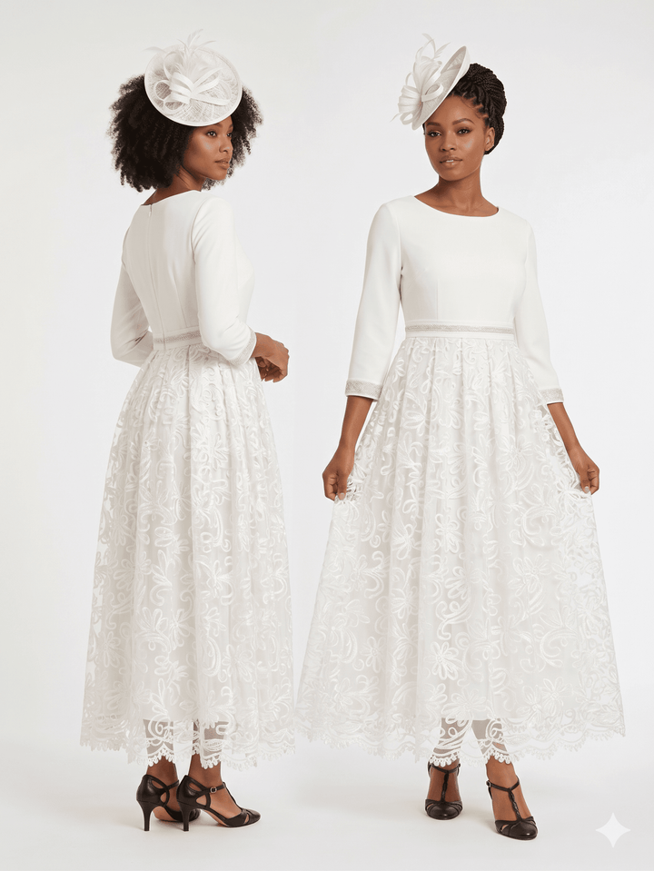 3/4 Slv Maxi Lace Overlay Dress w/ Rhinestoned Wai - Especially Yours