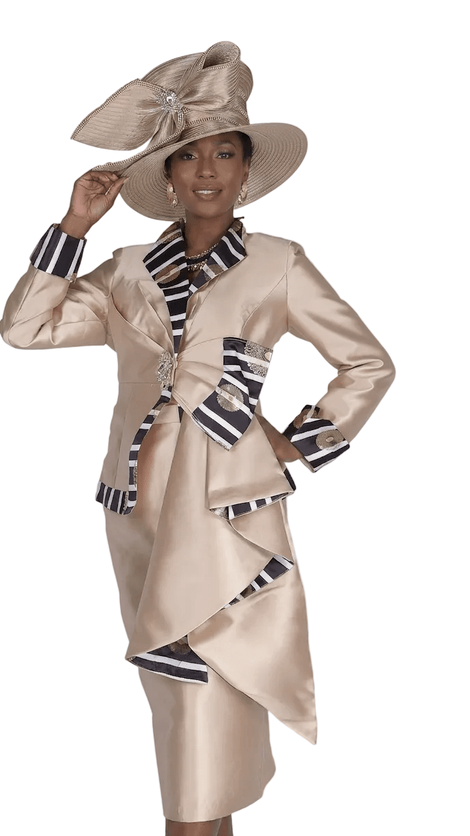 Champagne Italy 6118 Elegant Black Skirt Suit with Striped Trim - Especially Yours