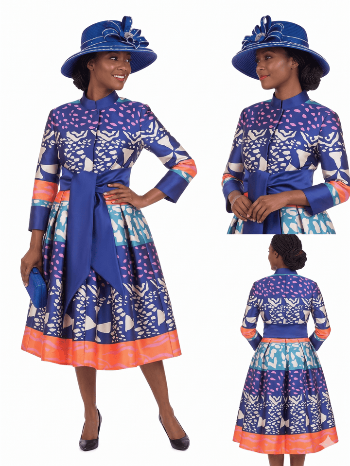 Stand Collar A-line Print Dress w/ Belt-Plus - Especially Yours
