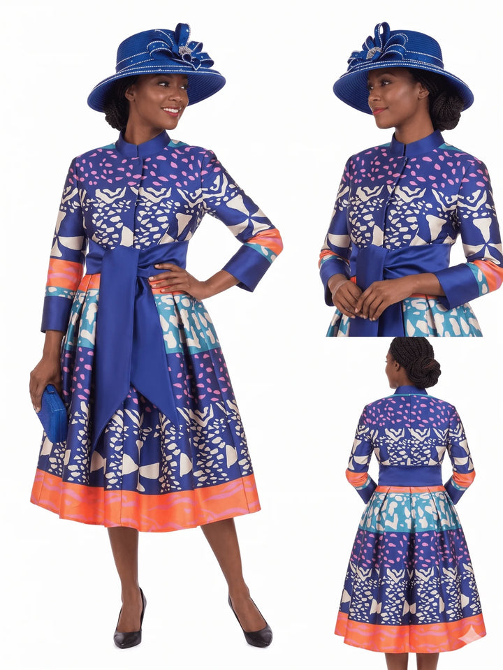 Stand Collar A-line Print Dress w/ Belt-Plus