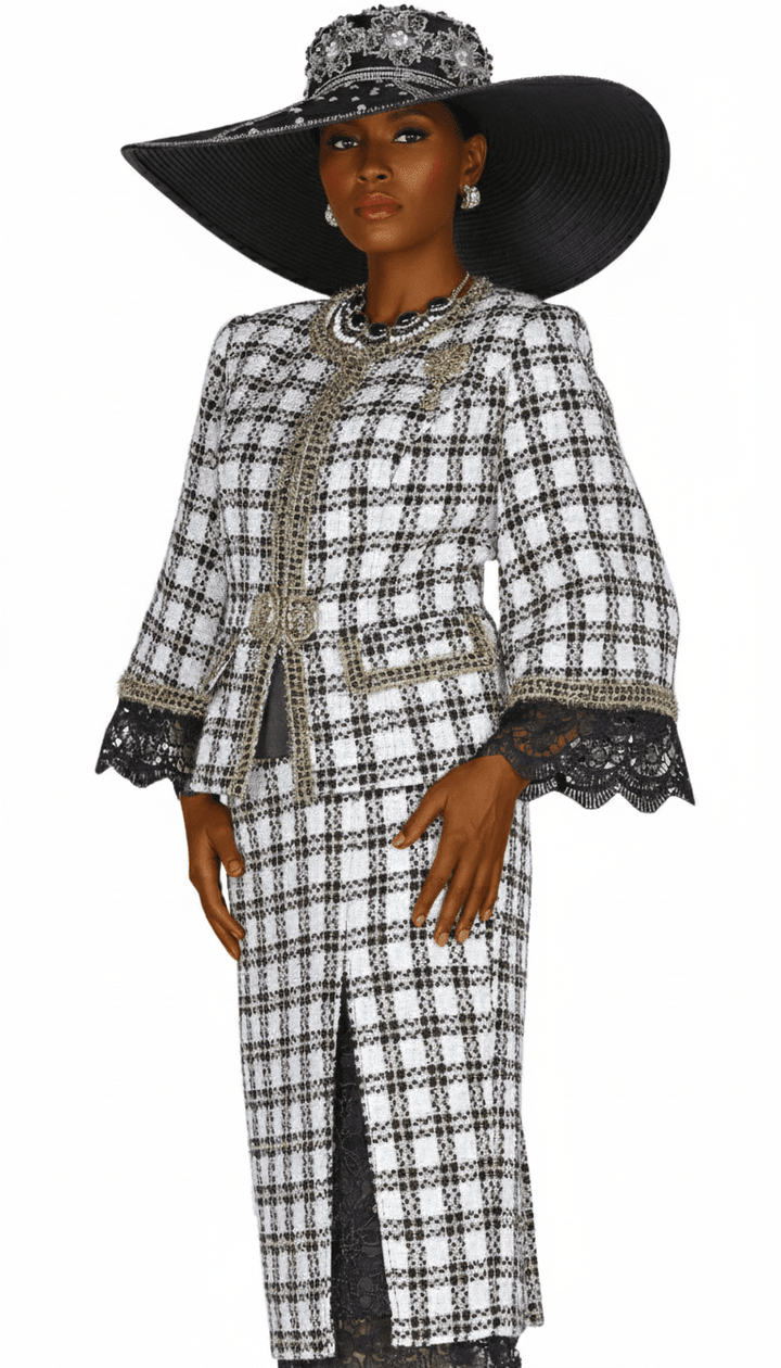 Elegant Elite Champagne 6165 - OW Three - Piece Knit Plaid Skirt Suit with Cami - Especially Yours