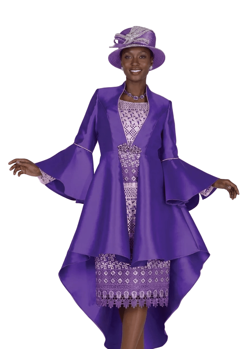 Elegant Purple Lacy Brocade Dress with High-Low Peplum Jacket Flare Sleeves - Especially Yours