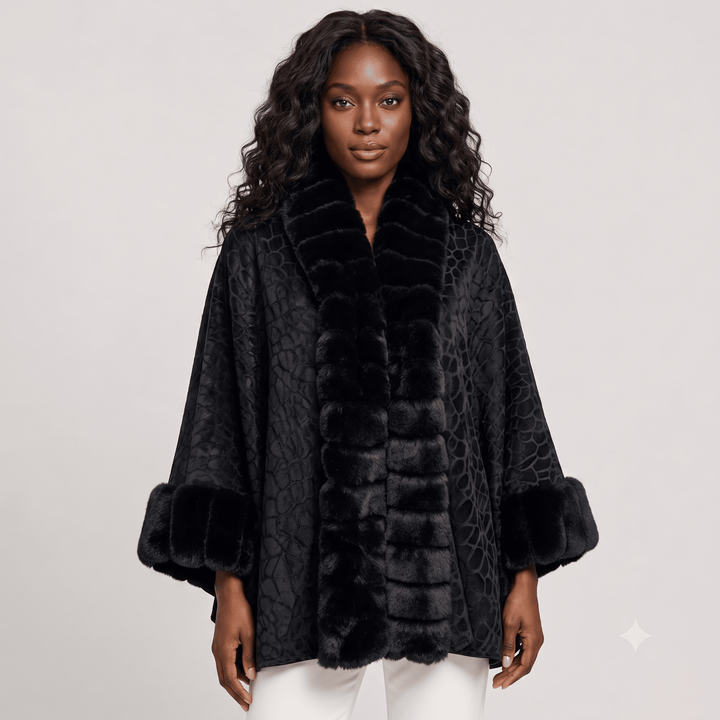 Textured Faux Fur Trimmed Cape Shawl S0508 - Especially Yours
