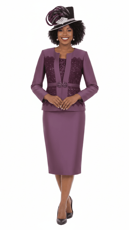 Embellished Lace & Silky Twill 3pc Skirt Suit-Plus