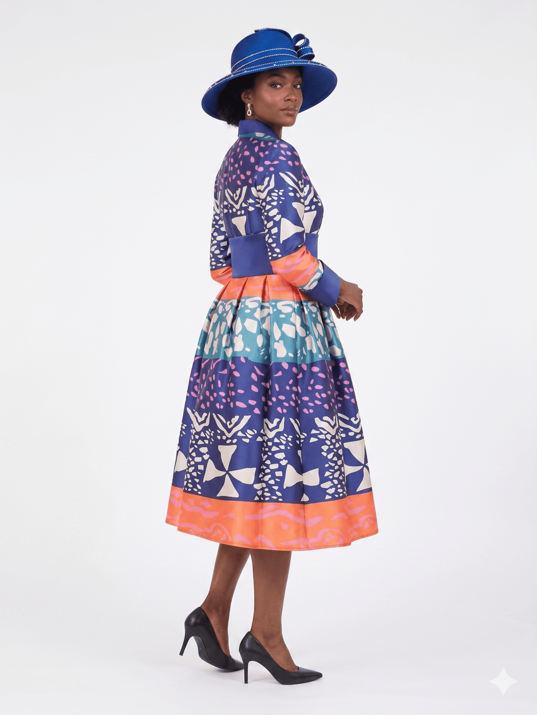 Stand Collar A-line Print Dress w/ Belt-Plus - Especially Yours