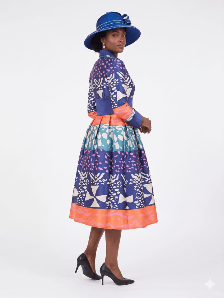 Stand Collar A-line Print Dress w/ Belt-Plus - Especially Yours