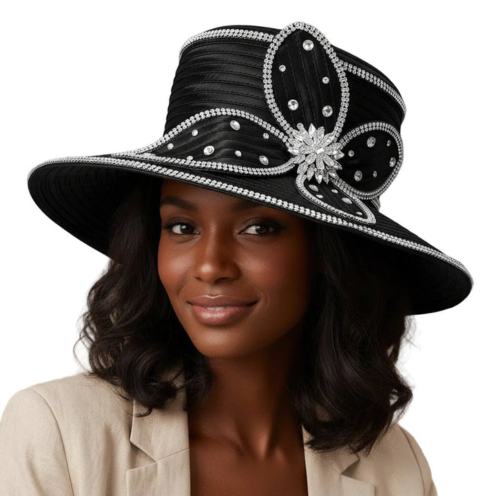 Elegant Rhinestone Trim Embellished Floral Bow Accent Wide Brim Statement Dressy Hat - Especially Yours