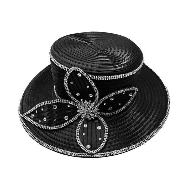 Elegant Rhinestone Trim Embellished Floral Bow Accent Wide Brim Statement Dressy Hat - Especially Yours