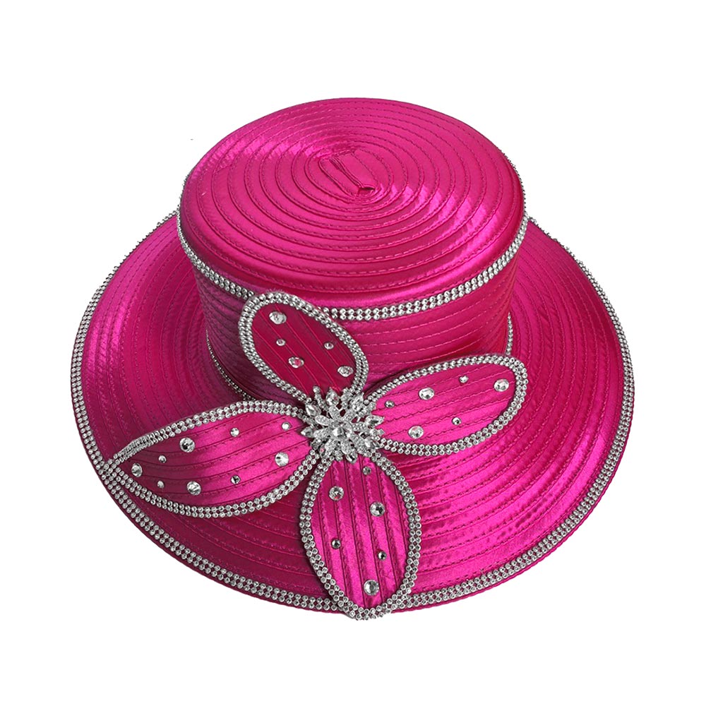 Elegant Rhinestone Trim Embellished Floral Bow Accent Wide Brim Statement Dressy Hat - Especially Yours