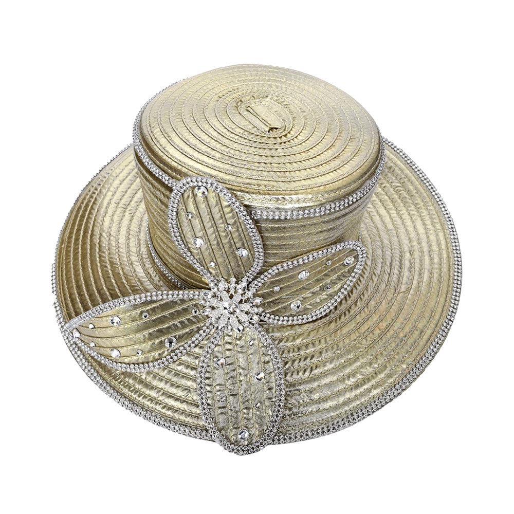 Elegant Rhinestone Trim Embellished Floral Bow Accent Wide Brim Statement Dressy Hat - Especially Yours