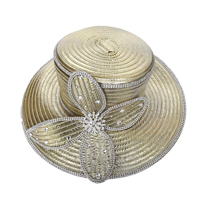 Elegant Rhinestone Trim Embellished Floral Bow Accent Wide Brim Statement Dressy Hat - Especially Yours