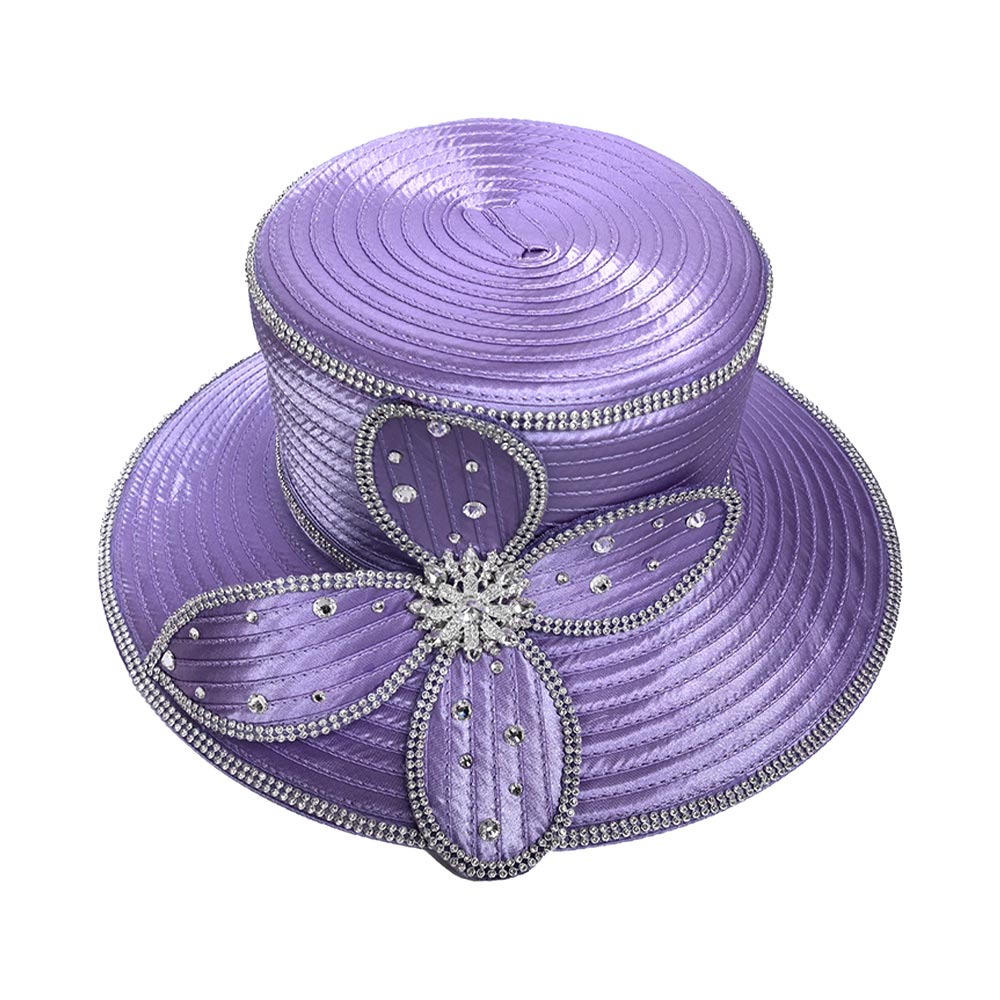 Elegant Rhinestone Trim Embellished Floral Bow Accent Wide Brim Statement Dressy Hat - Especially Yours
