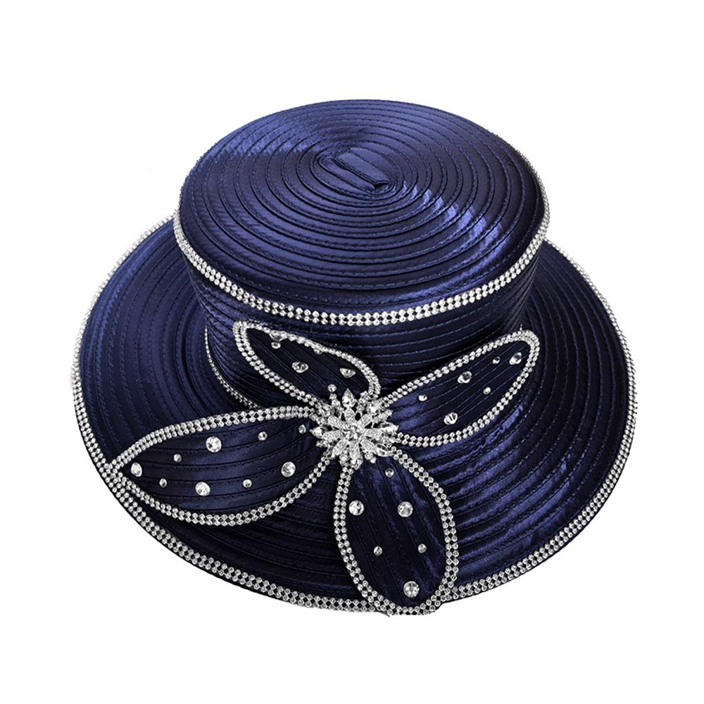 Elegant Rhinestone Trim Embellished Floral Bow Accent Wide Brim Statement Dressy Hat - Especially Yours