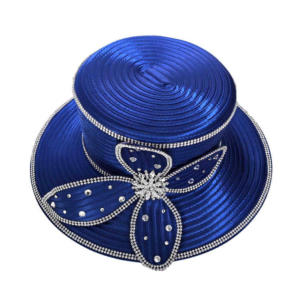 Elegant Rhinestone Trim Embellished Floral Bow Accent Wide Brim Statement Dressy Hat - Especially Yours